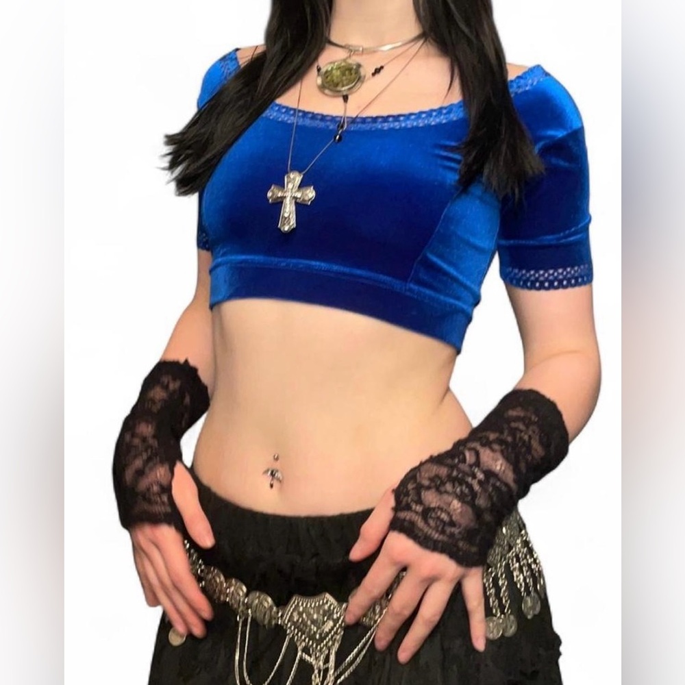 royal blue velvet whimsigoth boho crop top with detailing on the top